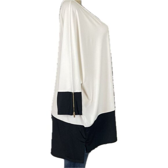 Woman Within 30/32 White-Black Crew Neck 3/4 Sleeve Zip Detail Sleeve Tunic Top - Picture 3 of 6